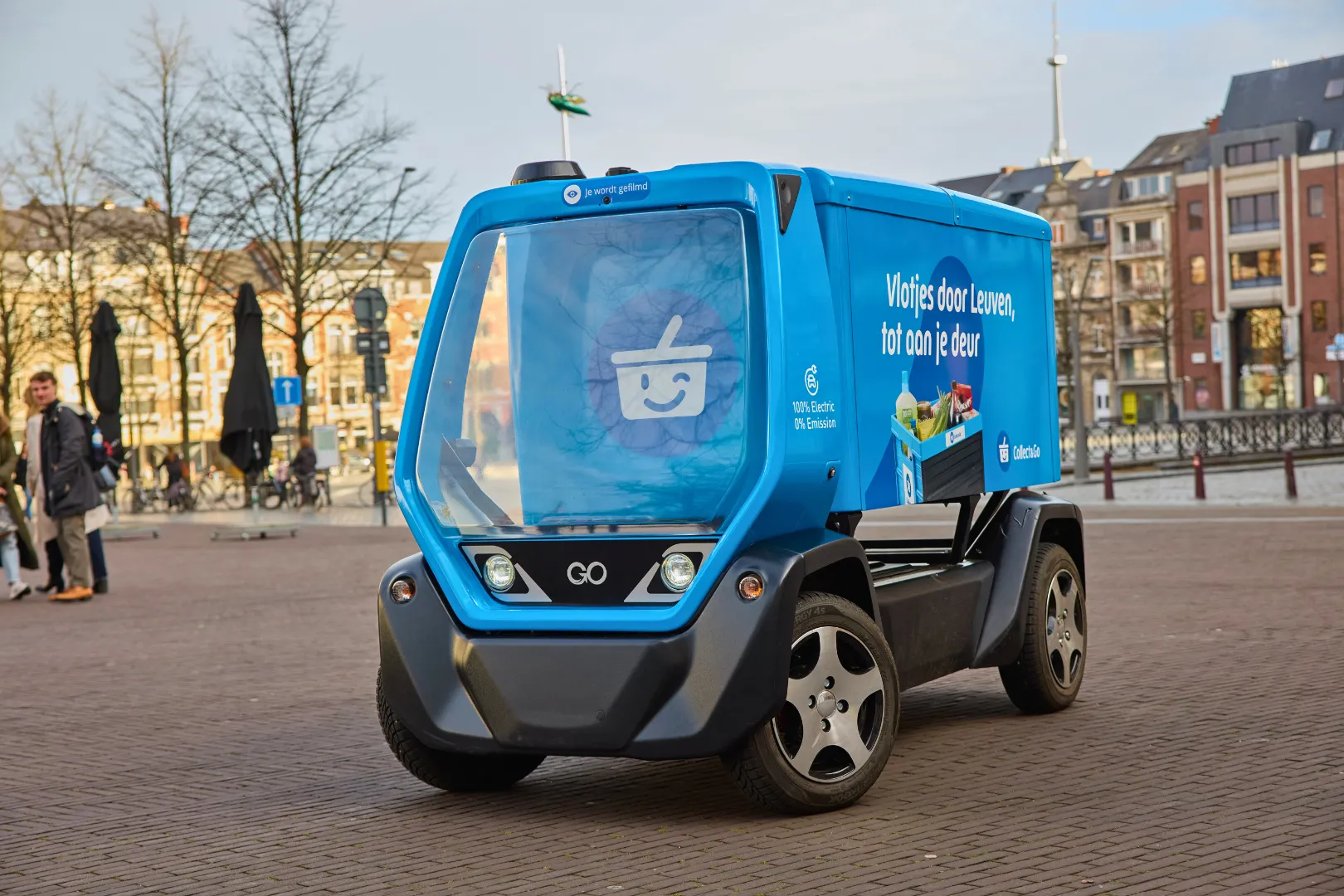 GO Bot unmanned delivery vehicle operating in Leuven Belgium city center for last-mile grocery delivery