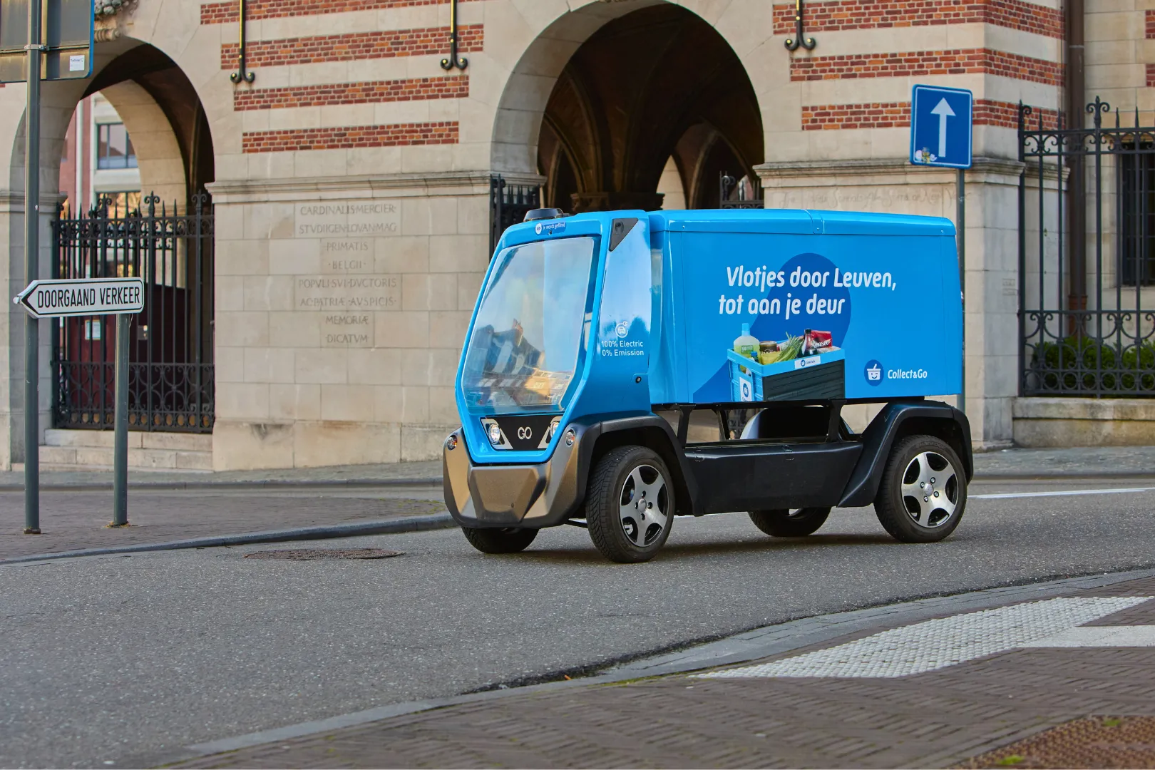 Side view of GO Bot electric delivery vehicle used for grocery delivery in Leuven Belgium urban environment